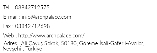 Arch Palace Hotel telefon numaralar, faks, e-mail, posta adresi ve iletiim bilgileri